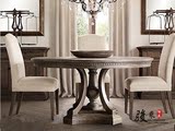 美式实木圆桌新古典橡木圆餐桌法式实木餐桌复古做旧餐桌椅组合