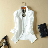 2016夏季新款亚麻西装 女棉麻西服 七分袖薄款白色修身短款小外套