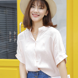 衬衣女夏2016新款韩版女装宽松立领上衣蝙蝠袖大码棉麻短袖衬衫