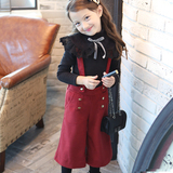韩国女童背带裤阔腿儿童童装韩版新款秋冬装红色休闲时尚复古潮流