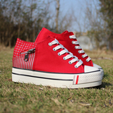 2015春季女款休闲红色厚底透气松糕鞋学生帆布鞋子女内增高6厘米