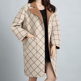 2015时尚经典格子直筒羊绒大衣手工双面羊毛奢华中长款毛呢外套女