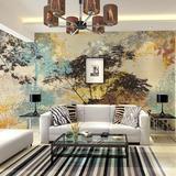 无缝个性抽象酒店客厅过道走廊背景墙壁纸复古大型壁画油画森林树