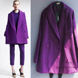 2015大码女装新款秋冬欧美风中长款宽松紫色毛呢外套显瘦呢子大衣