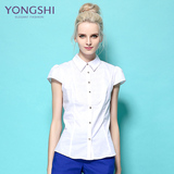 韩版品牌折扣正品夏季纯棉白色衬衫女短袖翻领职业女装工作服学生