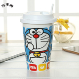 可爱卡通机器猫牛奶杯子创意情侣陶瓷水杯咖啡马克杯带盖办公水杯