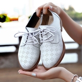 XMM夏季新款镂空小白鞋真皮平底平跟牛津透气女鞋白色皮鞋女单鞋