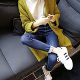 韩国东大门代购2015春新款韩版女装纯色棒针长款宽松毛衣开衫外套