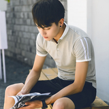 Roudan夏季男士短袖T恤翻领修身韩版日系POLO衫男条纹半袖打底衫
