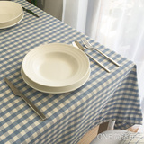 地中海桌布布艺 浅蓝色小格子餐桌布 高档色织 茶几布 冰箱盖布