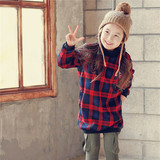 韩国代购正品16春季女童装儿童英伦格子针织打底衫卫衣长款打底裙