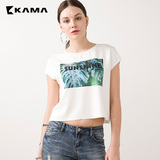 卡玛KAMA 2016夏季新款圆领打底衫短款印花针织短袖T恤女 7216577