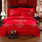 佳丽斯秋冬新品婚庆床上用品大红色四件套竹棉提花贡缎绣花床品