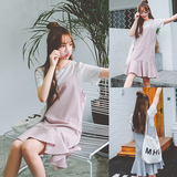 2016夏装韩版吊带荷叶边下摆鱼尾裙中长款连衣裙纯色T恤两件套女