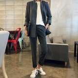 韩国代购西服套装女竖条纹 2015秋装休闲复古小西装外套时尚套装