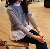 韩国打底针织衫秋冬装新款女装韩版套头假两件衬衫中长款毛衣潮