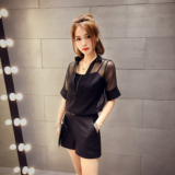 2016夏季新款韩版性感短袖V领透视衬衫吊带两件套雪纺纱女潮