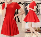 韩国代购2015夏明星款修身收腰针织大红色纯色短袖连衣裙A字中裙