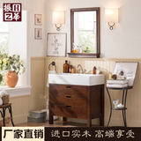 美式乡村浴室柜组合 实木落地台上盆卫浴柜 做旧橡木洗手盆面盆柜
