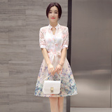 2016夏季新款韩版中长款显瘦印花连衣裙女两件套欧根纱雪纺衬衫裙