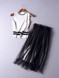 BJZ070  2016韩版新款条纹毛衣针织衫+网纱蓬蓬裙半裙套装两件套