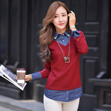 秋季韩版新款牛仔衬衫拼接假两件休闲针织衫修身女长袖打底衫t恤