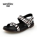 Westlink/西遇2015秋季新款 一字带马毛斑马豹纹平底魔术贴女凉鞋