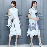 夏季新款女装中国风宽松两件套 套装长裙清新文艺水墨印花连衣裙