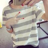 条纹短袖T恤女韩版夏季新款学生少女百搭打底衫大码宽松上衣服潮