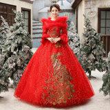 2015新款新娘冬季韩式婚纱齐地大码长袖红色韩版秋冬款毛领显瘦女