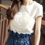 2015春夏装立体大花朵 纯白色修身显瘦韩范短袖女T恤学生打底上衣
