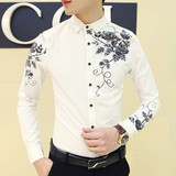 2016春装新款韩版男士长袖衬衫修身青少年花衬衣发型师打底衬衫潮