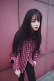 2016春季韩版学院风软妹长袖红黑休闲格子衬衫女学生打底外套上衣
