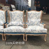 现货美式乡村实木单人沙发椅法式风化白底蓝绣花休闲椅扶手椅包邮