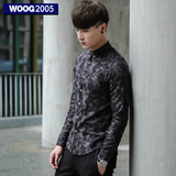 WOOG2005迷彩衬衫男 长袖 2016秋装男士长袖青年衬衣修身韩版潮流
