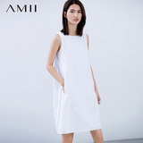 Amii2016春夏新款简约纯色无袖竹节棉宽松套头A字艾米直筒连衣裙