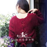 2016春季新款韩国复古麻花套头毛衣女性感短款高腰绑带针织衫