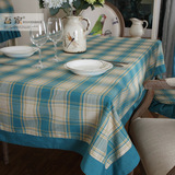 【吾家】桌布布艺地中海桌布棉麻格子蓝色桌巾台布/茶几布/长方形