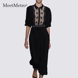 MeetMetro2016春夏季复古赫本风黑色刺绣雪纺长裙两件套连衣裙女