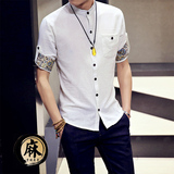 2016夏季中国风亚麻衬衫男韩版男士民族拼色亚麻衬衫男士纯色衬衫