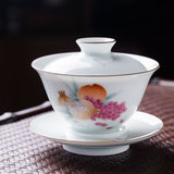 景德镇制 手绘粉彩薄胎三多图三才盖碗 盖杯 泡茶碗 茶杯陶瓷茶具