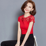 大码30-40岁夏装中年少妇女装上衣韩版修身蕾丝棉衫短袖t恤小衫潮