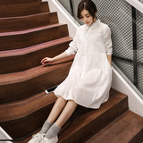 大码女装2016春装新款韩版宽松甜美中长款连衣裙长袖衬衫白色裙子