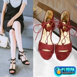 X3夏季韩版女凉鞋中跟绑带方跟纯色包根大码淑女甜美女鞋子蘑菇街