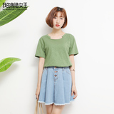 夏季新款韩国韩版圆领缺口宽松纯色彩色竹节棉短袖T恤 上衣  女