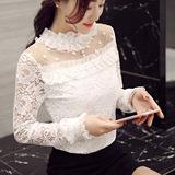 2016春装新款蕾丝打底衫 短款韩版长袖修身显瘦 白色花瓣领