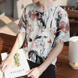 夏季中国风V领亚麻短袖T恤男士加肥加大码印花复古棉麻半袖潮男装