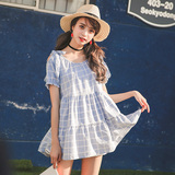 夏季新款小清新韩版气质学院风甜美女生可爱格子娃娃衫系带连衣裙