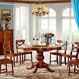 美式实木大理石餐桌 欧式双层带转盘圆餐台 1.5米美式别墅饭桌