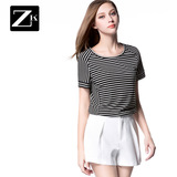 ZK条纹拼接短袖t恤女装夏装宽松体恤衣服上衣潮2016夏季新款